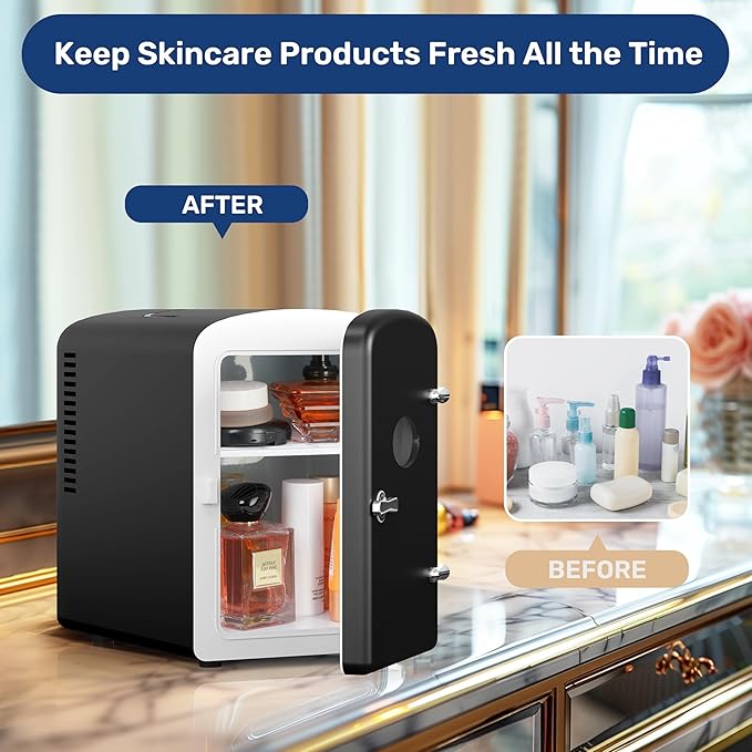 YSSOA 4L/6 Can Portable Mini Fridge with Observation Window, Compact Cooler & Warmer Freon-Free Small Refrigerator, for Skincare, Beverage, Food, Cosmetics, Black