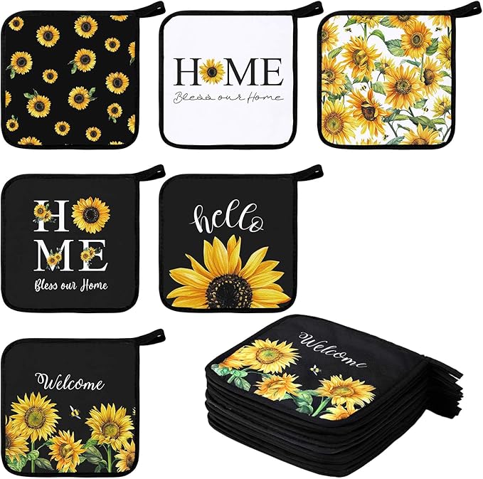 Bencailor 12 Pcs Pot Holders with Pocket Kitchen Hot Potholders Hot Pad Oven Mitts Cookie Bag Oven Gloves for Kitchen Gift Baking Cooking(Yellow,Black and White Sunflower)