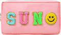 SOIDRAM Preppy Sun Makeup Bag Nylon Cosmetic Bag Stuff Makeup Pouch for Women Travel Toiletry Bag Organizer Cute Makeup Brushes Storage Bag with Chenille Letter Patches