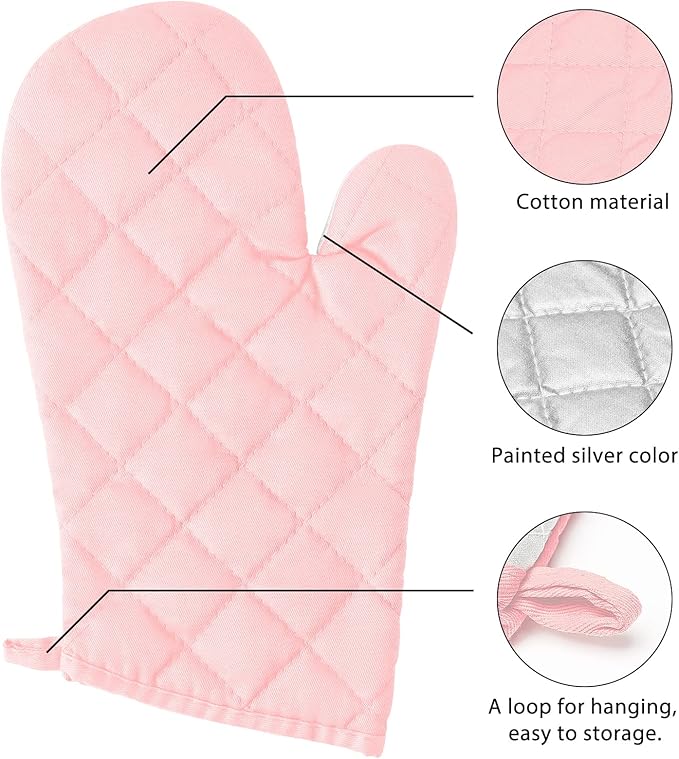 GROBRO7 6Pcs Cotton Oven Mitts and Pot Holders Set Heat Resistant Hot Pads Durable Pocket Pot Holder Machine Washable BBQ Gloves with Hanging Loop for Safe Kitchen Baking Cooking Grilling Pink