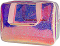 TPU Holographic Pink Star Large Cosmetic Bag 12x5x8 inch Travel Pouch with Handle,Durable Material,Zipper Design-Ideal for Makeup,Travel Essentials (9593-8)