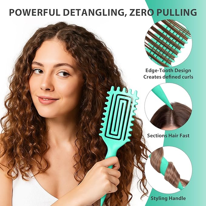 Curly Hair Brush, Curl Defining Brush for Women and Men, Effortless Detangling and Shaping for Curls, Waves and Coils, Reduces Pulling, Smooth Results (Green)