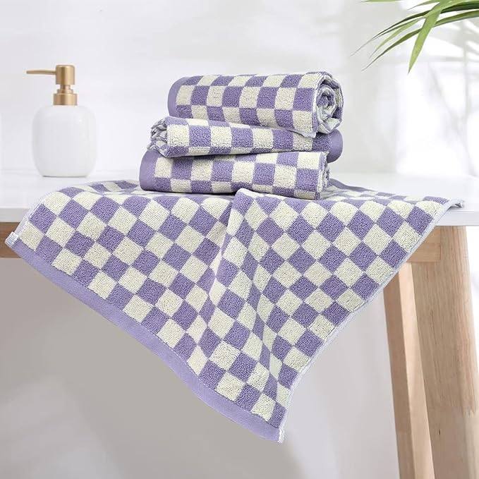 Jacquotha Wash Cloths Checkered 4 Pack (Lilac) - Cotton Washcloths for Face Body, 13 x 13 Inches Daily Cleansing Kitchen Towels