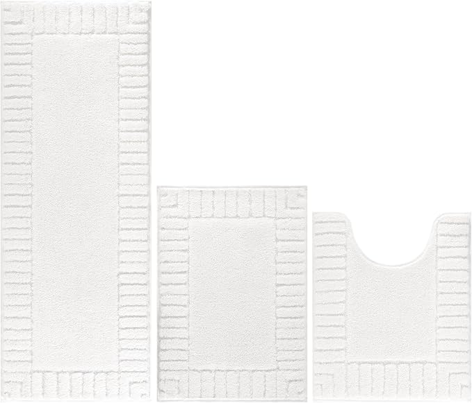 Pauwer Bathroom Rugs Sets 3 Piece Bathroom Shower Rugs with U-Shaped Contour Toilet Mat Absorbent Microfiber Plush Bath Mats Non Slip Bath Rug Machine Washable Shaggy Bath Mat Set, White