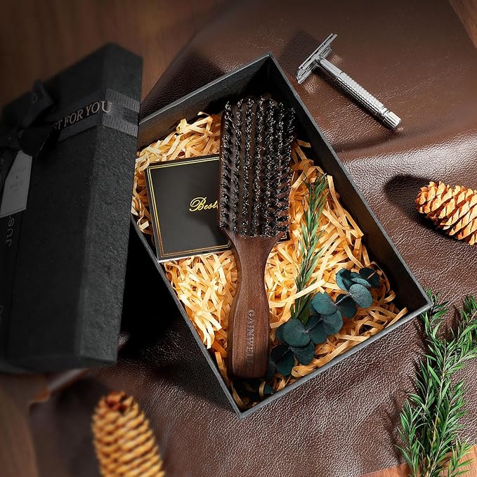GAINWELL Wild Boar Bristle Hair Brush for Men, Slick Back Hair Brush with Stiff Boar Bristles for Thick Hair, Natural Black Walnut Wooden Handle Hairbrush, Beard Mustache Brush - Large