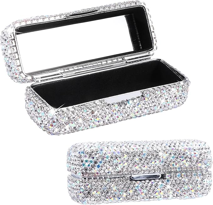 Rhinestone Lipstick Case with Mirror Bling Crystal Lipstick Case Diamonds Makeup Cosmetic Storage Box Holder for Purse(COLOR:White)