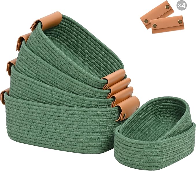 Storage Baskets for Organizing, Small Woven Basket Set of 6-4 Shelf Basket with Leather Handle and 2 Small Gift Baskets, Cotton Rope Basket for Shelves, Nursery, Dog Toy, Bathroom