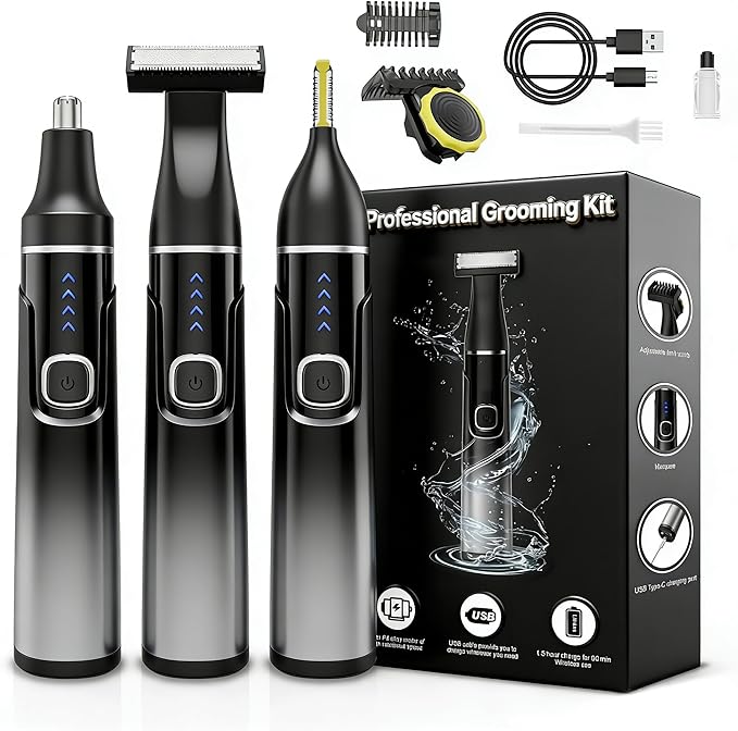 RUIM Men's 3-in-1 Body Groomer | Waterproof Electric Shaver for Groin & Sensitive Areas | Painless Wet/Dry Use with Nose & Eyebrow Trimmer | 8-Head Kit for Chest, Back, Body Hair