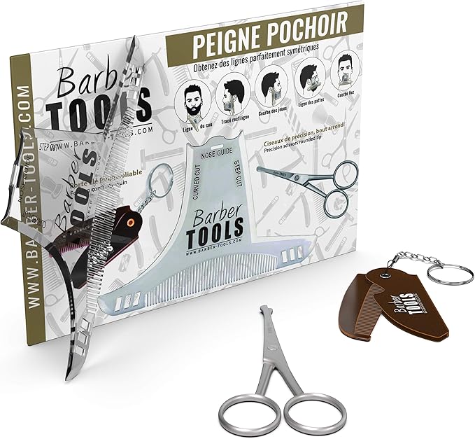 Beard Trimming kit | Accessories for Beard & Barber Mustache, Contour Marker Comb + Beard Scissors + Foldable Key Ring Comb