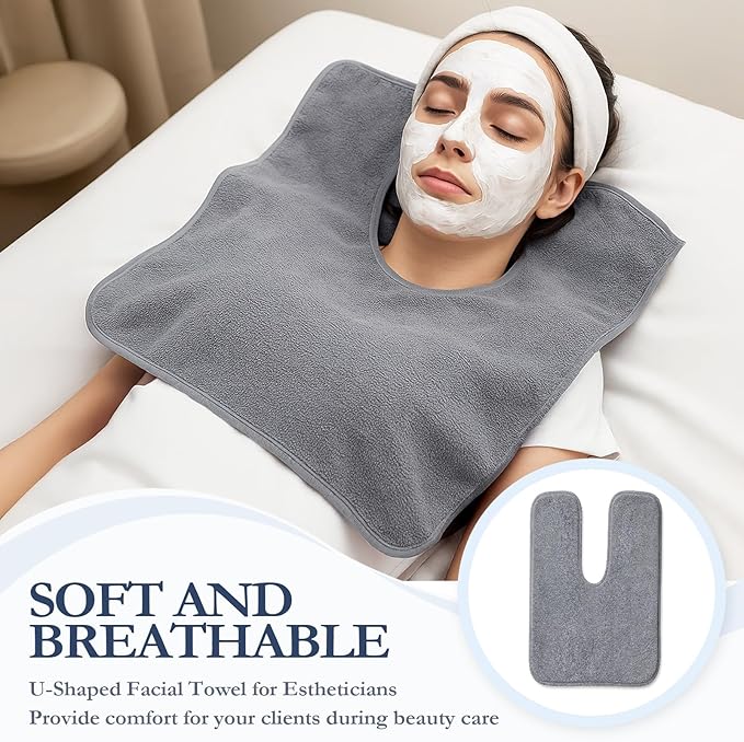 12 PCS U-Shaped Facial Towels, Estheticians Towels Microfiber Soft Spa Towel Coral Fleece Face Cloth for Beauty Salons, Skin Care （Grey）