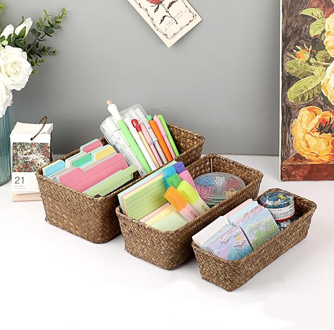 3 Natural Wicker Basket Set Rectangular Handwoven Seagrass Basket Storage Bins Home Organizer Bins - Household Basket Box for Shelf Wardrobe Desktop Home Decor (Coffee)