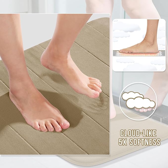 Yimobra Large Bath Mat Set 2 Piece- Super Soft Absorbent Quick Dry Memory Foam Bathroom Rugs, Machine Washable Non Slip Floor Carpet for Tub Shower & Double Vanity (17x24 & 44x24, Pale Khaki)