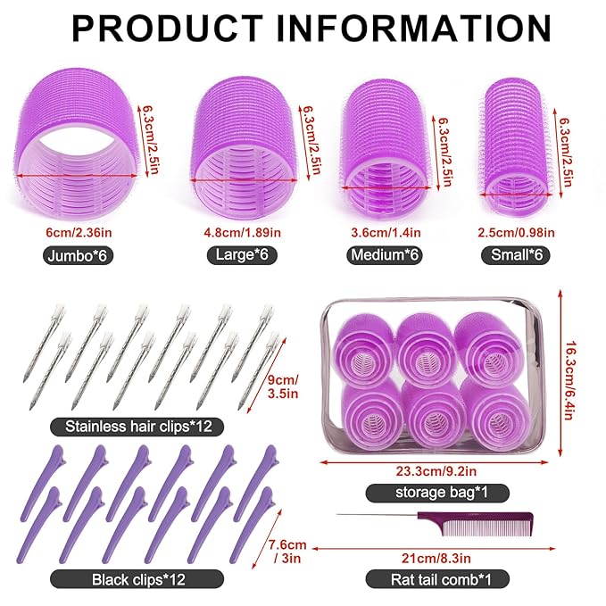 4 Sizes Hair Rollers for Women Set - 50 Pcs Hair Curler Rollers with Clips, Self Grip Hair Rollers for Long, Short Hair and Bangs, 25mm, 36mm, 48mm, 60mm, Purple