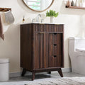 T4TREAM 24" Fluted Bathroom Vanity with Ceramic Sink Combo，Freestanding Small Modern Bathroom Storage Vanity Cabinet with Sliding Door & 3 Drawer，Wood Grain Texture，Metal Handle，Dark Walnut
