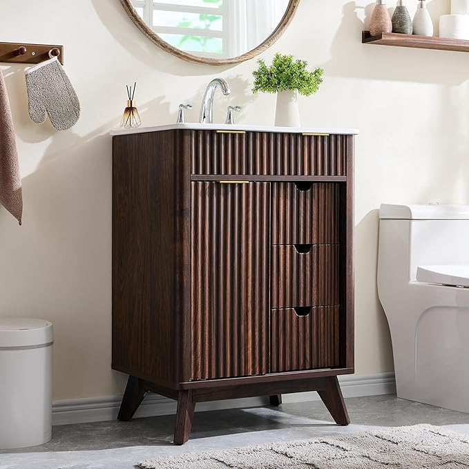 T4TREAM 24" Fluted Bathroom Vanity with Ceramic Sink Combo，Freestanding Small Modern Bathroom Storage Vanity Cabinet with Sliding Door & 3 Drawer，Wood Grain Texture，Metal Handle，Dark Walnut