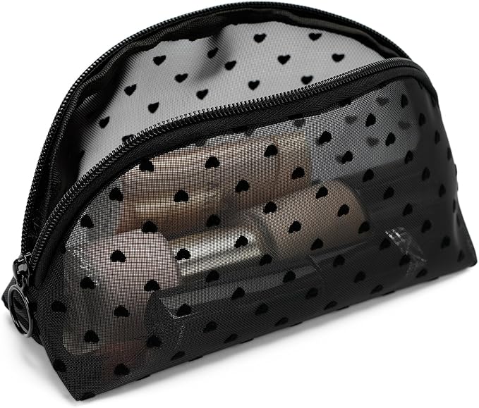 Portable Mesh Makeup Bag with Zipper Small Travel Toiletry Bag Lightweight Cosmetic Pouch (Black&Black Heart Half Round)
