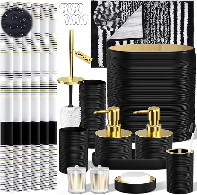 Bathroom Set - Bathroom Sets with Shower Curtain and Rugs, 25PC Bathroom Accessory Set, Black Bathroom Accessories Set with Trash Can, Soap Dispensers