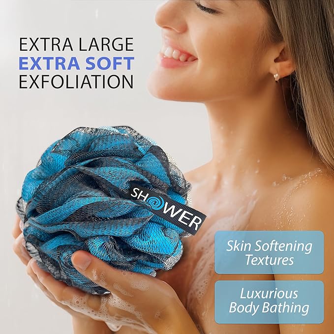 SHOWER BOUQUET Loofah-Charcoal Bath-Sponge XL-4-Pack-Blue-Green // Extra Large 75g Soft Mesh Color & Black Lufa Loofa Loufa Puff Set/Exfoliating Body Scrubber for Women and Men - Exfoliate & Soothe