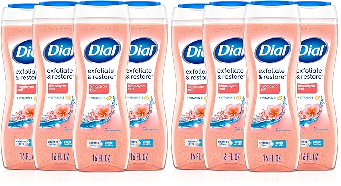 Dial Body Wash, Exfoliate & Restore Himalayan Salt, 16 Fl Oz, Hydraclean Complex & Vitamin E, Gentle, Leaves Skin Feeling Nourished, Dermatologist-Tested, No Parabens & Sulfates,(Pack of 8)