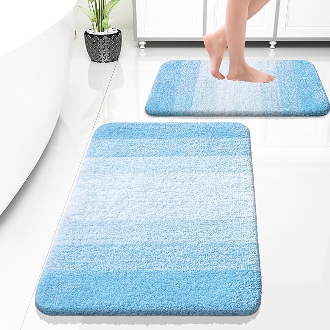 OLANLY Bathroom Rug Set 2 Piece, Soft Absorbent Microfiber Bath Rug Set, Non-Slip, Machine Wash Dry, Plush Shaggy Bath Mats for Bathroom (30"x20"+24"x16", Sky Blue)