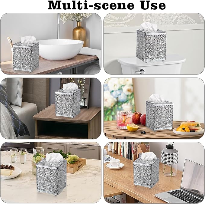 Sumnacon Tissue Box Cover Square Tissue Box with Lid, Metal Tissue Box Holder Stylish Tissue Cover Cube Tissue Box Cover for Bathroom Toilet Kitchen Table Desk Home Office, Silver