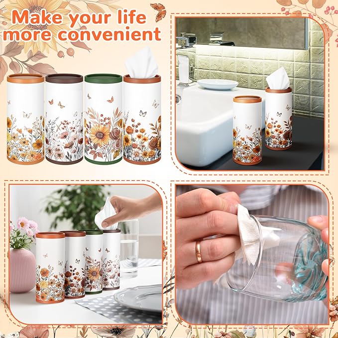 12 Pack Spring Floral Tissue Boxes for Car Cylinder Bulk Wildflower Round Cylinder Holder with 3 Ply Facial Tissues for Spring Travel Bathroom Office Decoration Supplies