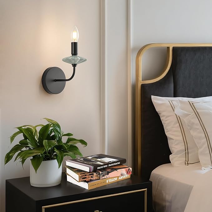 Modern Retro Wall sconces Set of Two with Green Ceramic Flower Decoration,Black Wall Lights, Hardwired Vintage Vanity Light for Bathroom, Living Room, Bedroom, and hallways.