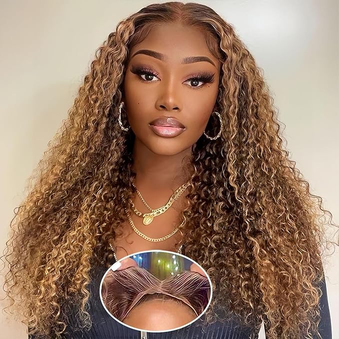 Wear and Go Glueless Highlight Ombre 4/27 Human Hair Wigs Deep Wave Curly Wet and Wavy Lace Front Pre Plucked Pre Cut 5x5 HD Lace Closure Wigs for Black Women （4/27 24 Inch）