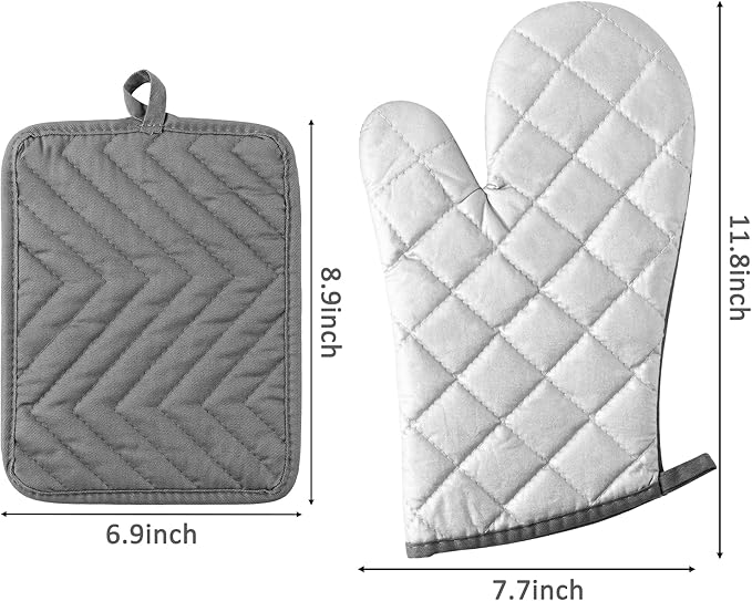 GROBRO7 6Pcs Cotton Oven Mitts and Pot Holders Set Durable Hot Pads Machine Washable BBQ Gloves Heat Resistant Pocket Pot Holder with Hanging Loop for Safe Kitchen Baking Cooking Grilling Grey