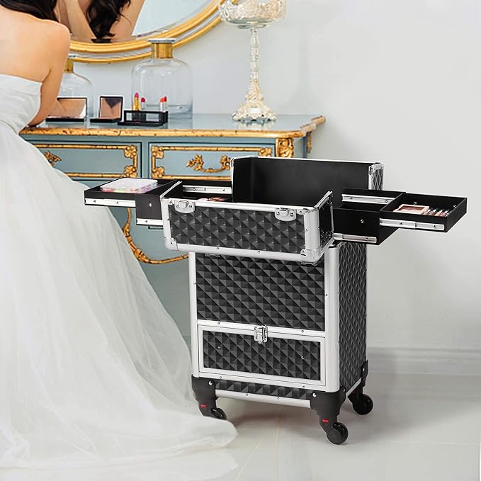 Yaheetech Rolling Makeup Train Case Aluminum Cosmetic Case with Wheels Barber Case Salon Lockable Travel Trolley with Sliding Drawers Removable Divider, Black/Silver