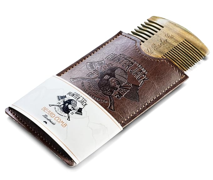 Premium Sandalwood Beard Comb for Men - Natural Wooden Comb with Dual Fine & Coarse Teeth, Anti-Static Mustache Comb, No Snag or Pull, Pocket Size with PU Leather Case, Ideal Grooming Kit for Him