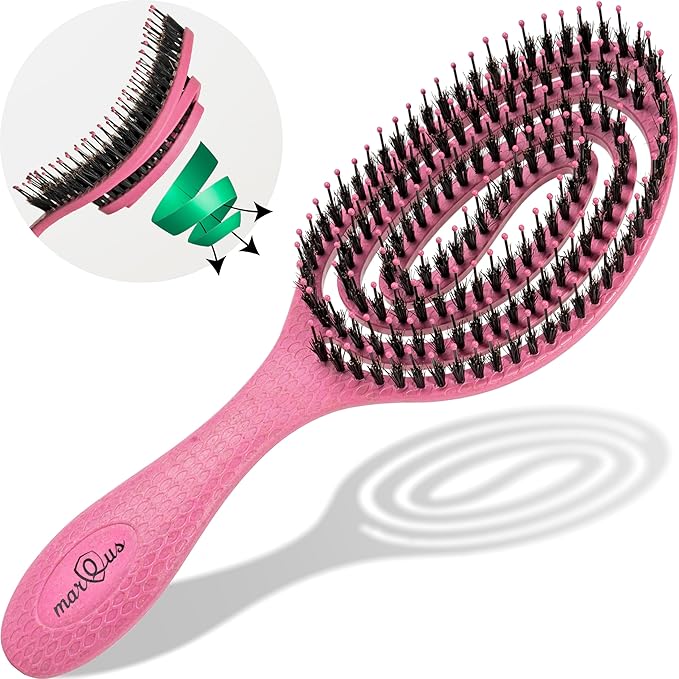 marQus Detangle Boar Brush Women and Men, Exclusive Ultra-Soft Bending Bristles and Body - Glide Through Tangles With Ease For All Hair Types - Women, Men, Wet And Dry Hair, 1pcs Pink Brush