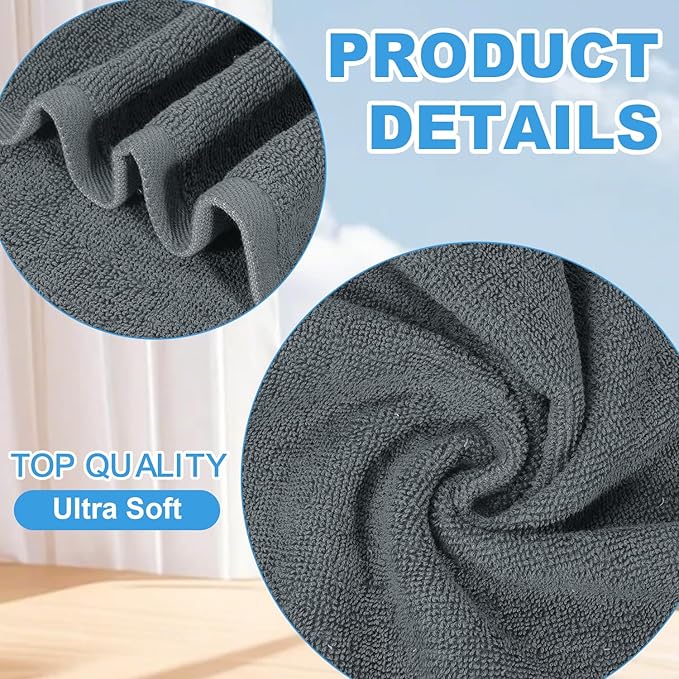 12 Pack 100% Cotton Wash Cloth, 12x12 Inch Highly Absorbent and Soft Feel Fingertip Towels, Machine Washable Washcloths for Bathroom, Gym, Hotel, Spa and Kitchen, Grey
