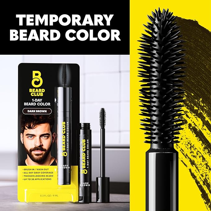 The Beard Club 1 Day Temporary Beard Dye for Men - Dark Brown Beard, Mustache & Eyebrow Color for a Fuller, Well-Defined Look, Water & Sweat Resistant, Up to 30 Applications, 0.3 fl oz (Pack of 2)