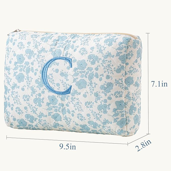 HBselect Initial Quilted Makeup Bag, Cotton Large Travel Makeup Bag, Cute Floral Coquette Make up Bag Cosmetic Bag Toiletry Bag for Women Girls C