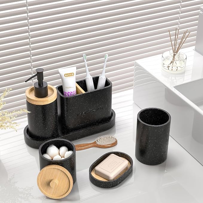20PC Black Modern Bathroom Accessories Set with Shower Curtain, Toothbrush Holders, Soap Dispenser, Vanity Tray, Cotton Swab Jars, Bathroom Decor Organizer