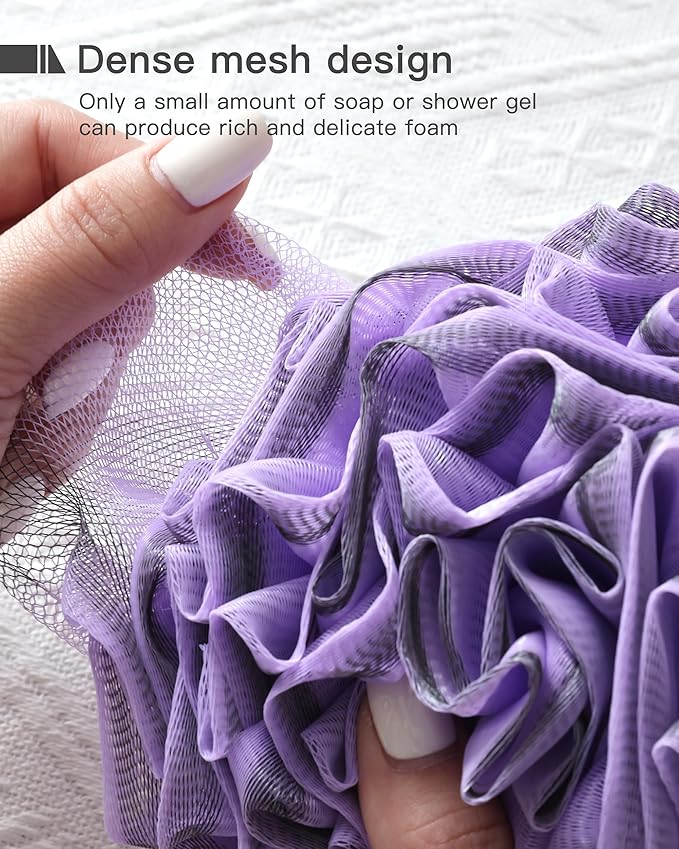 Loofah Sponge 70g, 6.3 Inch Large Exfoliating Bath Sponge, Soft Durable PE Mesh with Reinforced Knotting, Rich Lather Bath Scrubber for Body, for Travel or as a Holiday Gift (4Pack, Purple, Green)