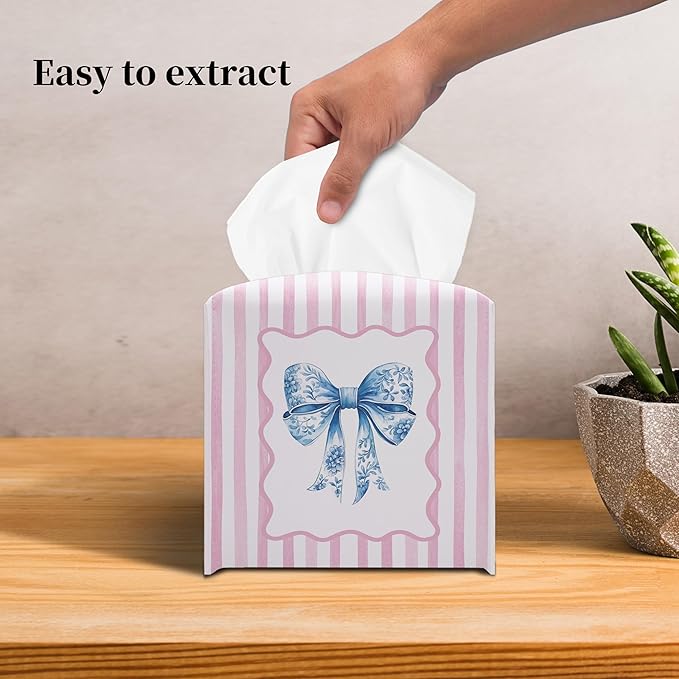 Grace Yonks Cute Tissue Box Cover Square - Pink Stripe and Blue Bow Design 5.2" PU Leather Holder for Vanity, Desk, or Bathroom Counter - Cube Case for Facial Tissues(001)