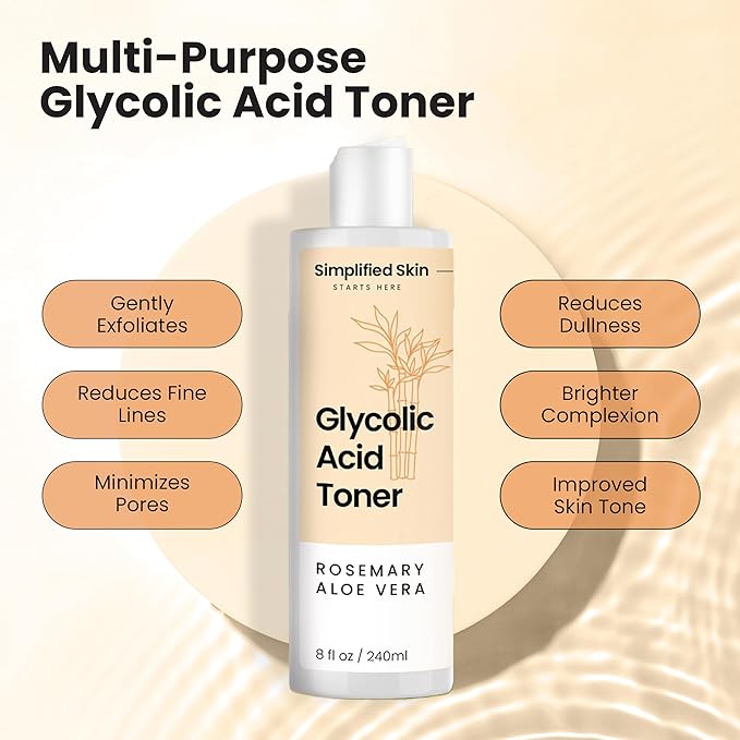 Glycolic Acid Toner for Face - 8% Facial Toning Solution - Hydrating, Anti-Aging, Exfoliates Skin with AHA, Aloe Vera, & Rosemary Extract for Women & Men - 8 Fl Oz (Pack of 2)