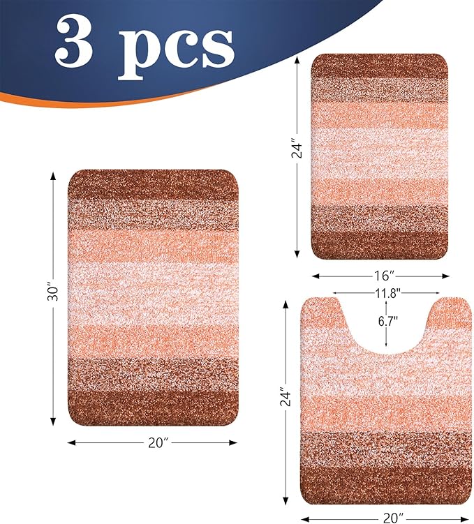 OLANLY Bathroom Rugs Sets 3 Piece, Soft Absorbent Microfiber Bath Mats and U-Shaped Contour Toilet Rug, Plush Shaggy Bath Mat Set for Bathroom (30"x20"+24"x16"+24"x20", Orange)