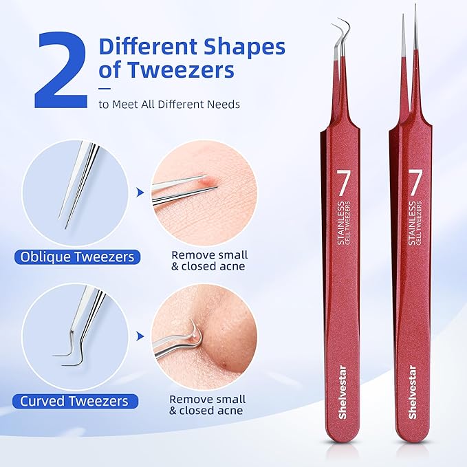 Shevelestar 7PCS Blackhead Remover Comedone Extractor, Curved Blackhead Tweezers Kit, Professional Stainless Pimple Acne Blemish Removal Tools Kit