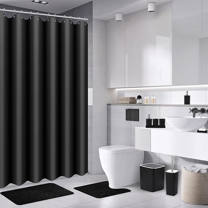 Bathroom Set with Shower Curtain and Rugs- 25PC Bathroom Accessory Set, Black Bathroom Set, Toilet Brush, Trash Can, Qtip Holder & Soap Dispenser