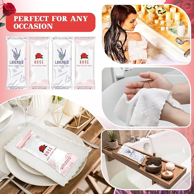 Timgle 50 Pcs Moist Towelettes Individually Wrapped Scented Disposable Face Towels Essential Oil Infused Moist Terry Cotton Towel for Use Hot or Cold Travel Body Spa(Rose, Lavender)