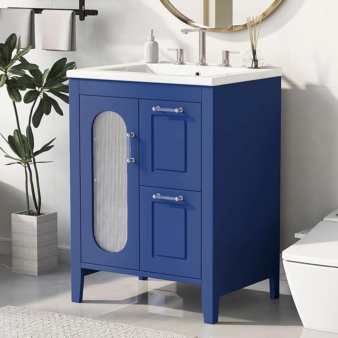 Harper & Bright Designs 24" Bathroom Vanity with Sink, Free Standing Single Basin Vanity Set with Two Drawers and Glass Door, Modern Wooden Bathroom Cabinet with Ceramic Basin for Bathroom, Blue