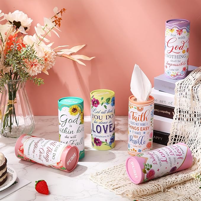Outus 12 Pack Car Tissue Holder Cylinder, Decorative Round Tissue Box for Car Cup Holder, Refillable Facial Tissues with Floral Bible Verse Design for Home Office Travel