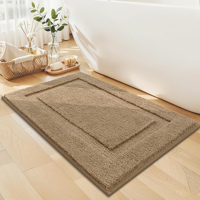 SHACOS Soft Fluffy Bathroom Runner Rugs Sets of 2 Pieces 47"x20"+ 32"x20" Non Slip Washable Bath Rugs Absorbent Bath Mats Bathroom Accessories Carpet for Floor Shower Tub, Khaki