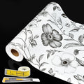 Drawer and Shelf Liner Black Flowers 12in x 20FT, Non Adhesive Anti-Slip Double Layer PVC Reusable Thickened Waterproof Easy Clean for Kitchen Cabinets Refrigerator with Knife Tape Measure