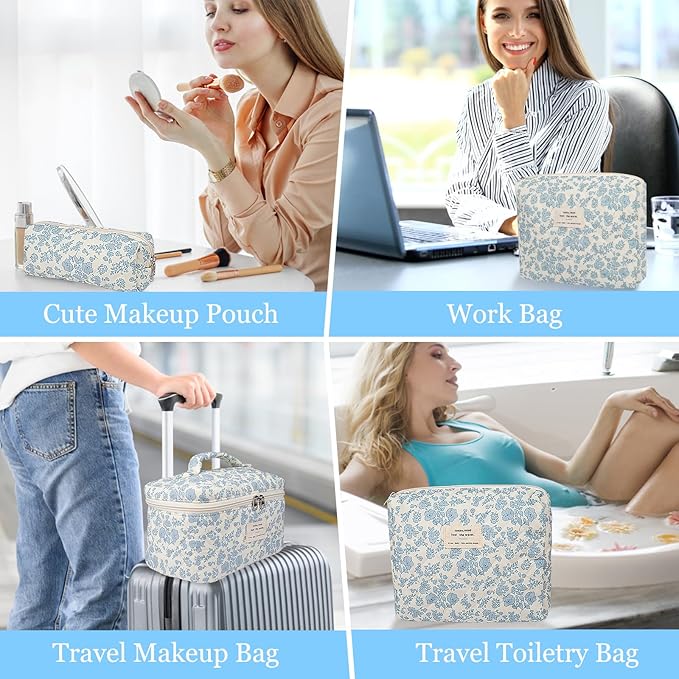 Quilted Makeup Bag Set, Large Floral Cosmetic Bag for Women, Cute Cotton Makeup Bag, Flower Travel Toiletry Organizer Bag. (Navy Blue)