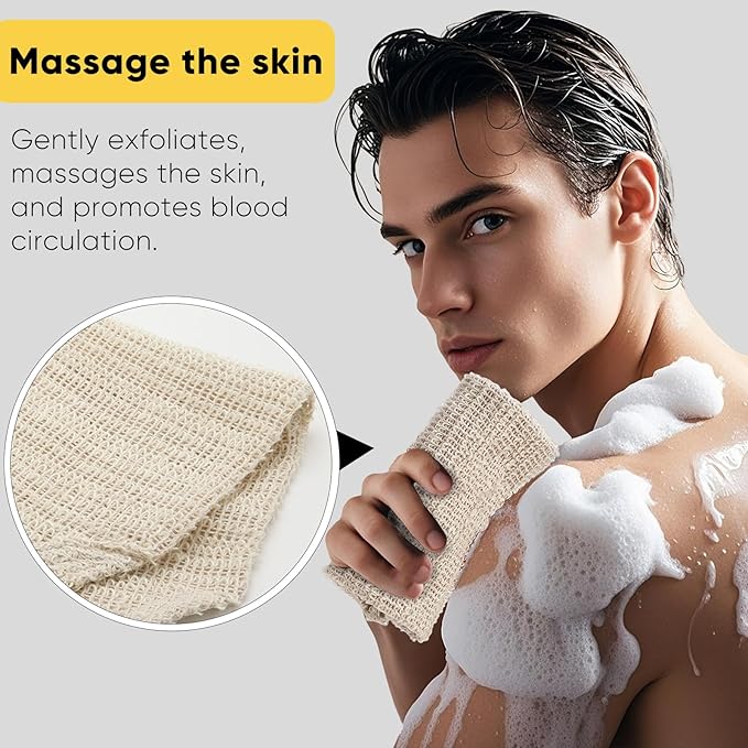 Natural Sisal & Ramie Exfoliating Back Scrubber for Shower with Handle - Deep Cleanse Back Scrubber, Scrub Spa Tool for Glowing Skin & Whole Body Care