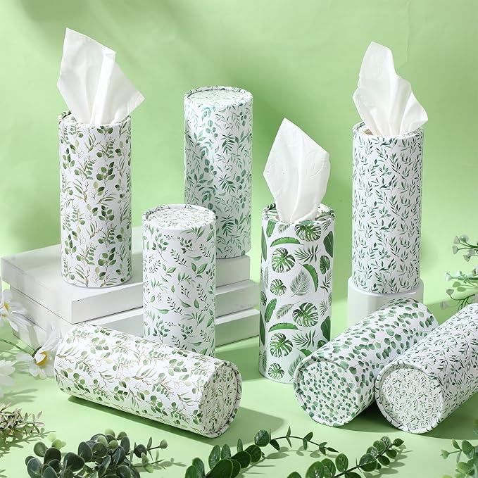 Outus 12 Pcs Eucalyptus Leaves Car Tissues Cylinder Holder with 3 Ply Facial Tissue Bulk Round Tissue Holder Travel Tissues Boxes Container for Car Cup Wedding Birthday Party